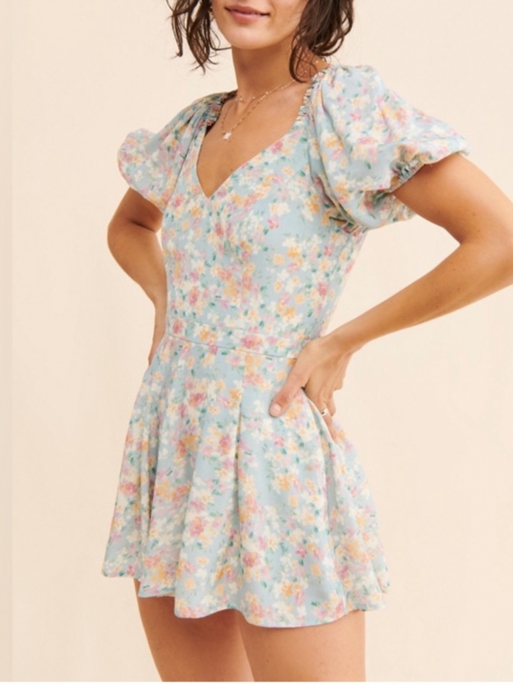 NWT Yumi Kim Free People Petite Mindy Romper Floral Pastel Puff Sleeve XXSP